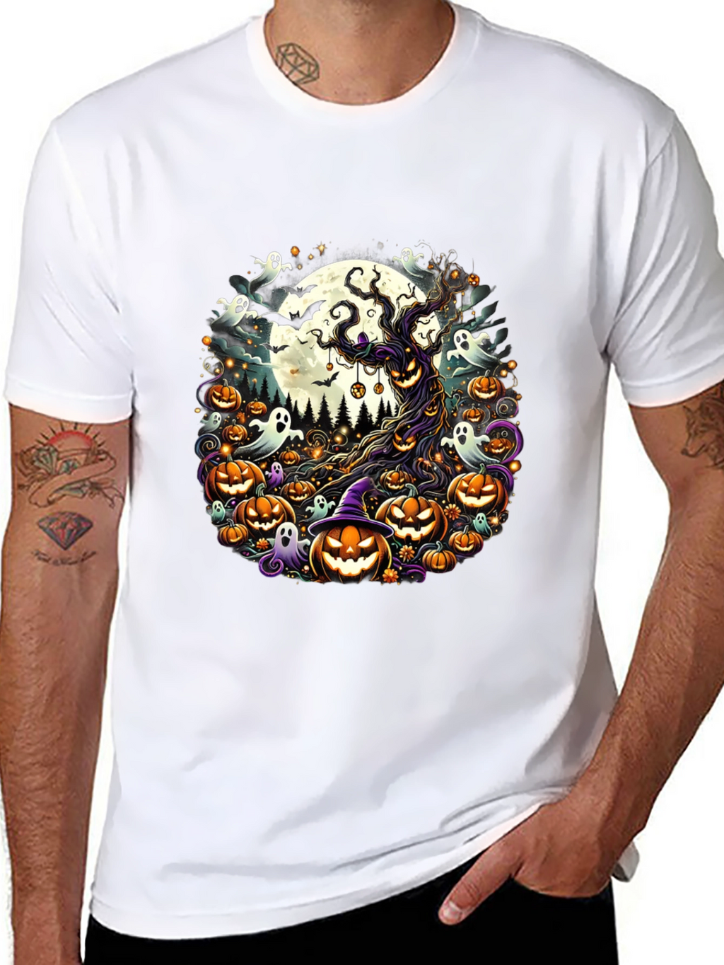 Halloween Tee: Spooky Tree & Pumpkins Design