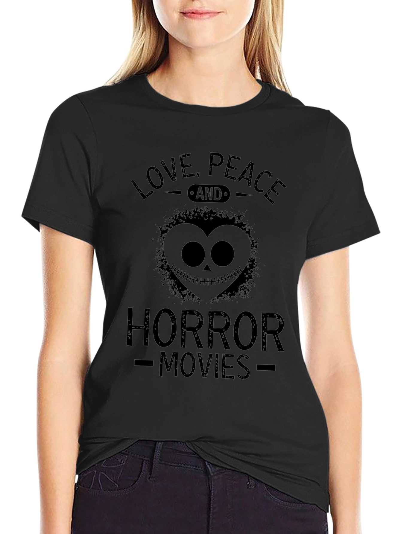 Love Peace Horror Movies Black Graphic T-Shirt