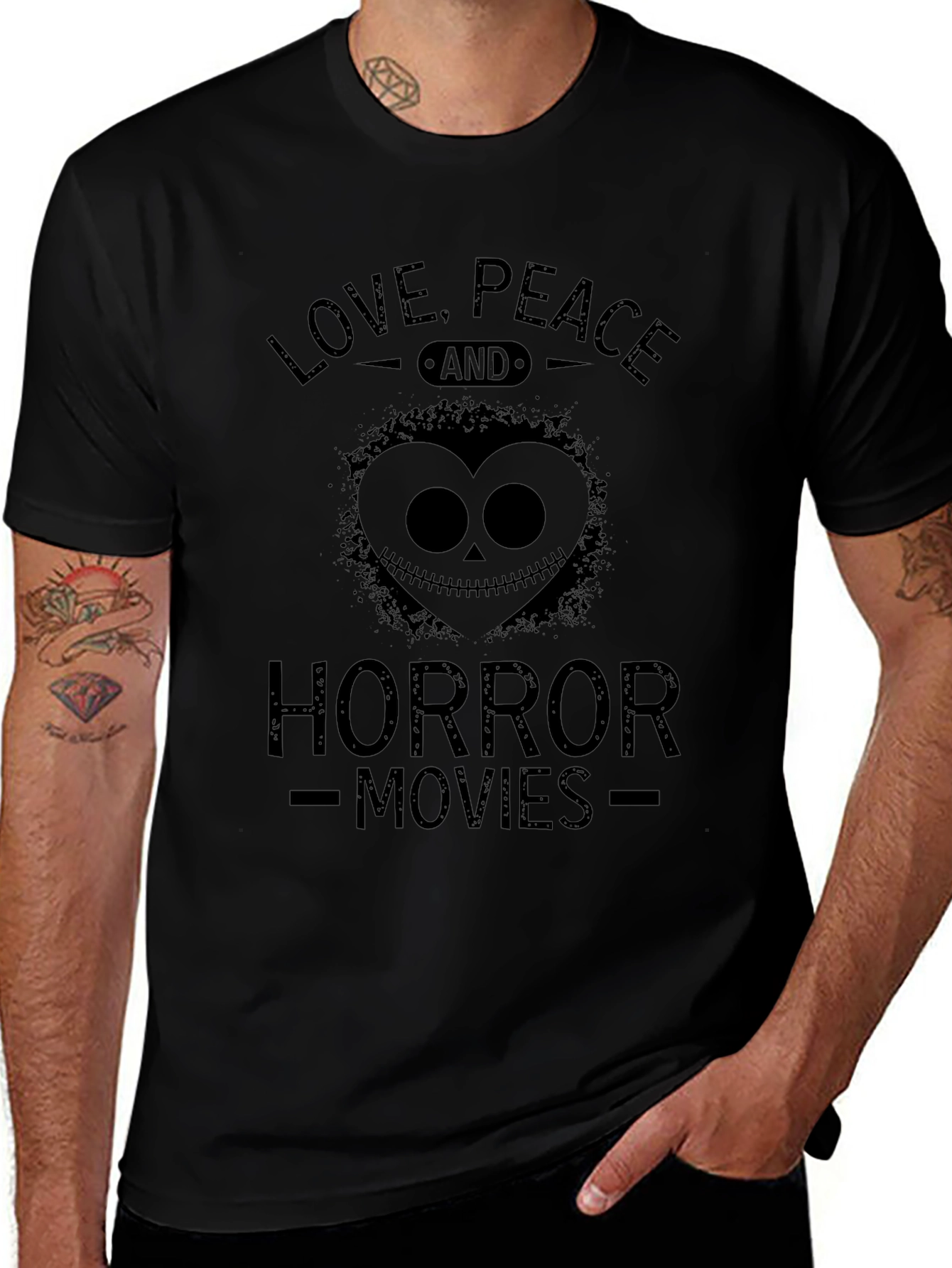 Love Peace Horror Movies Black Graphic T-Shirt