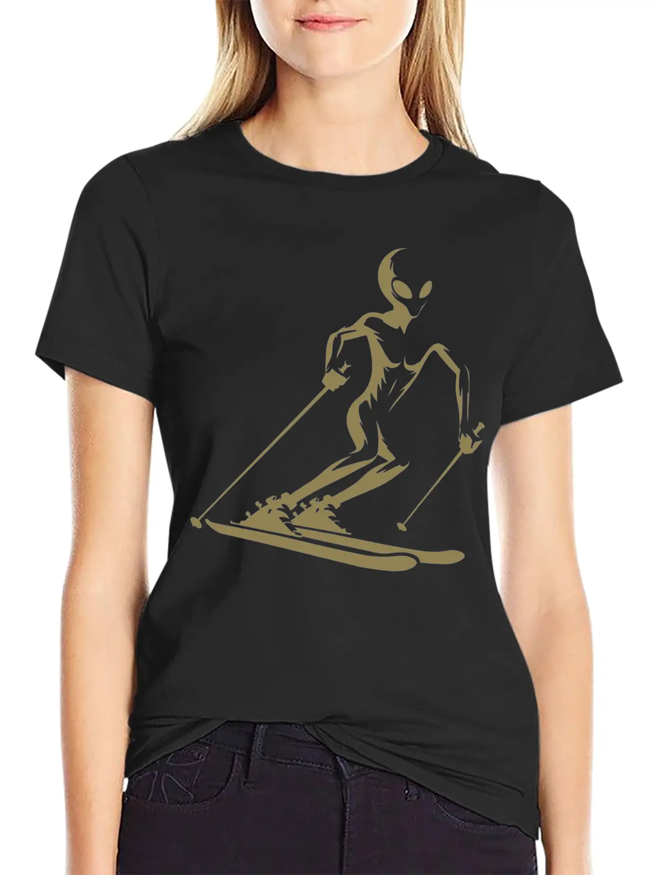 Alien Skier Silhouette For Minimalist Winter Sport Breathable Graphic T-Shirt – Perfect For Casual Days
