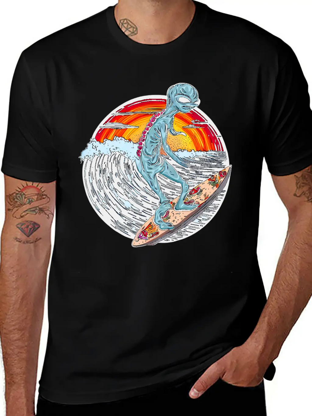 Alien Surfs For Pizza At Sunset Stylish Everyday T-Shirt – Unisex Basic Cotton Tee