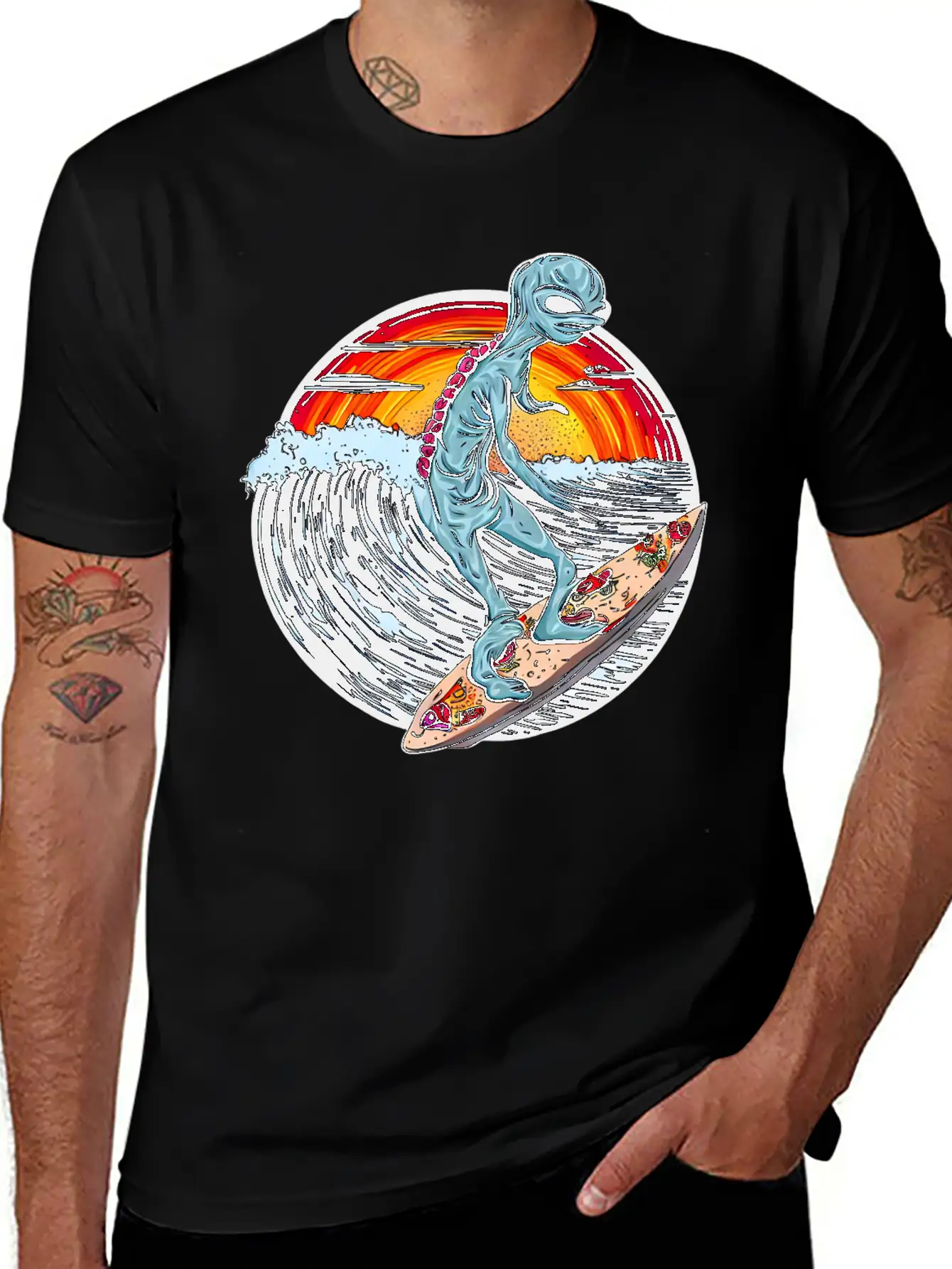 Alien Surfs For Pizza At Sunset Stylish Everyday T-Shirt – Unisex Basic Cotton Tee