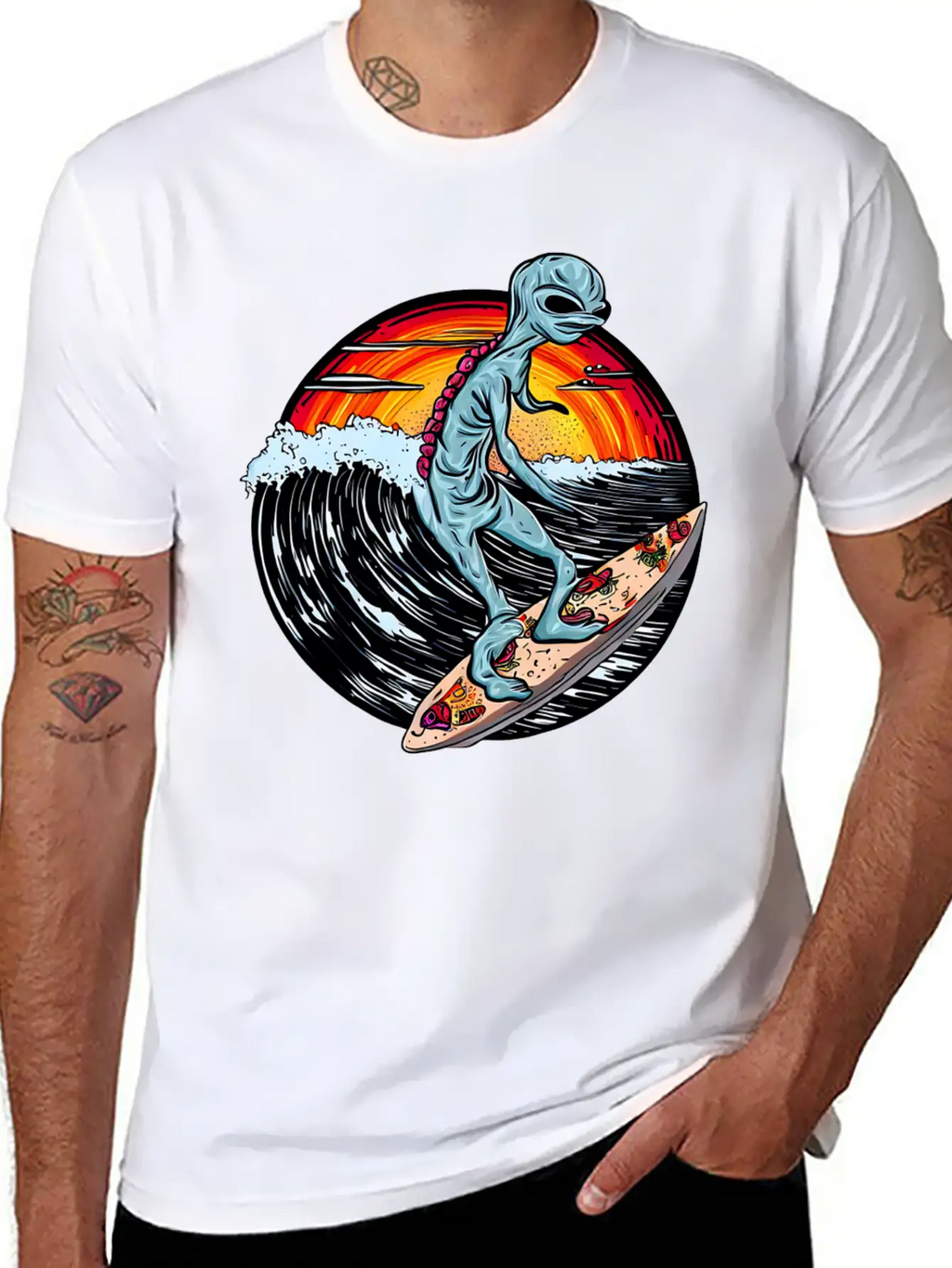Alien Surfs For Pizza At Sunset Stylish Everyday T-Shirt – Unisex Basic Cotton Tee