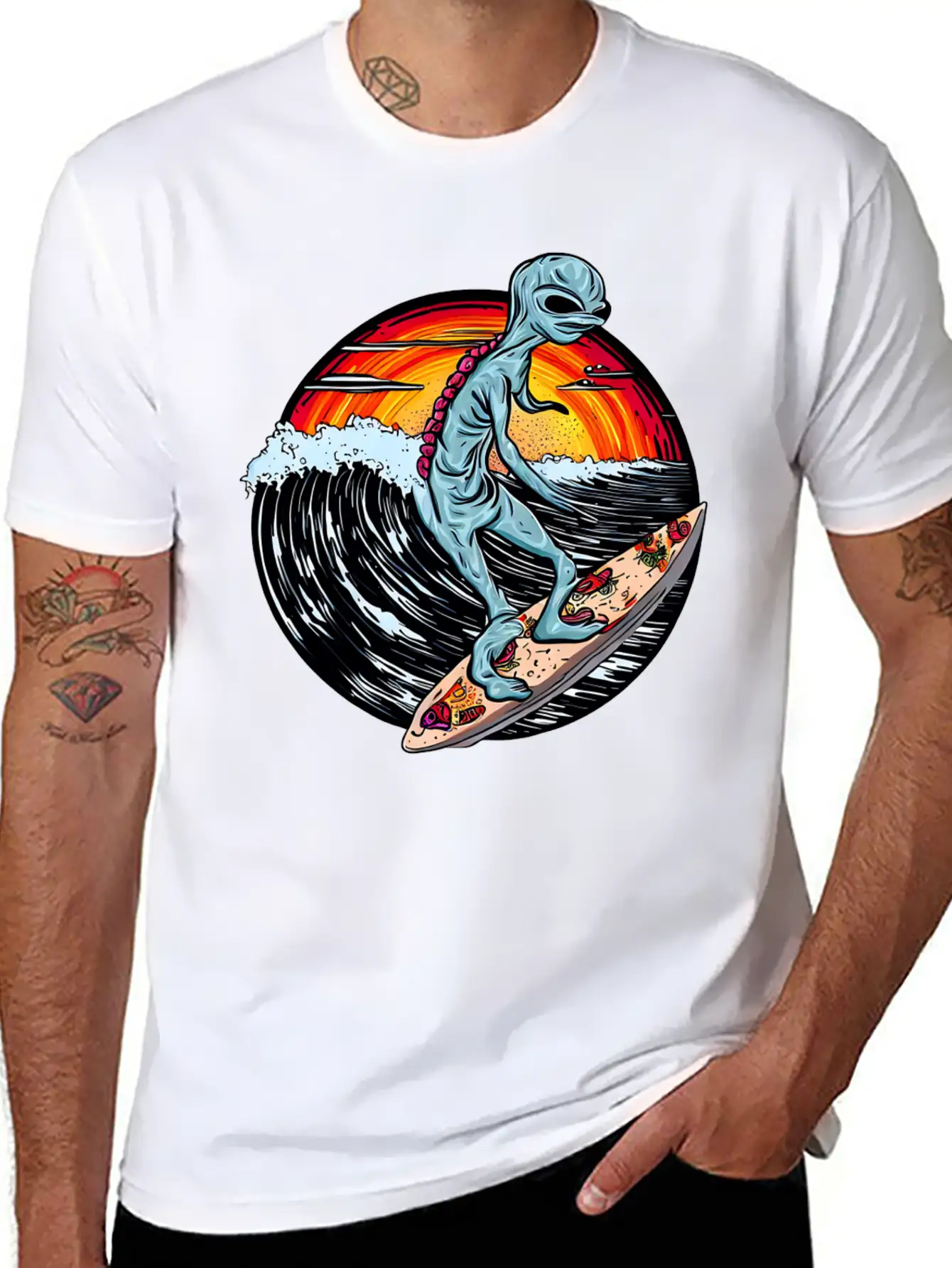 Alien Surfs For Pizza At Sunset Stylish Everyday T-Shirt – Unisex Basic Cotton Tee
