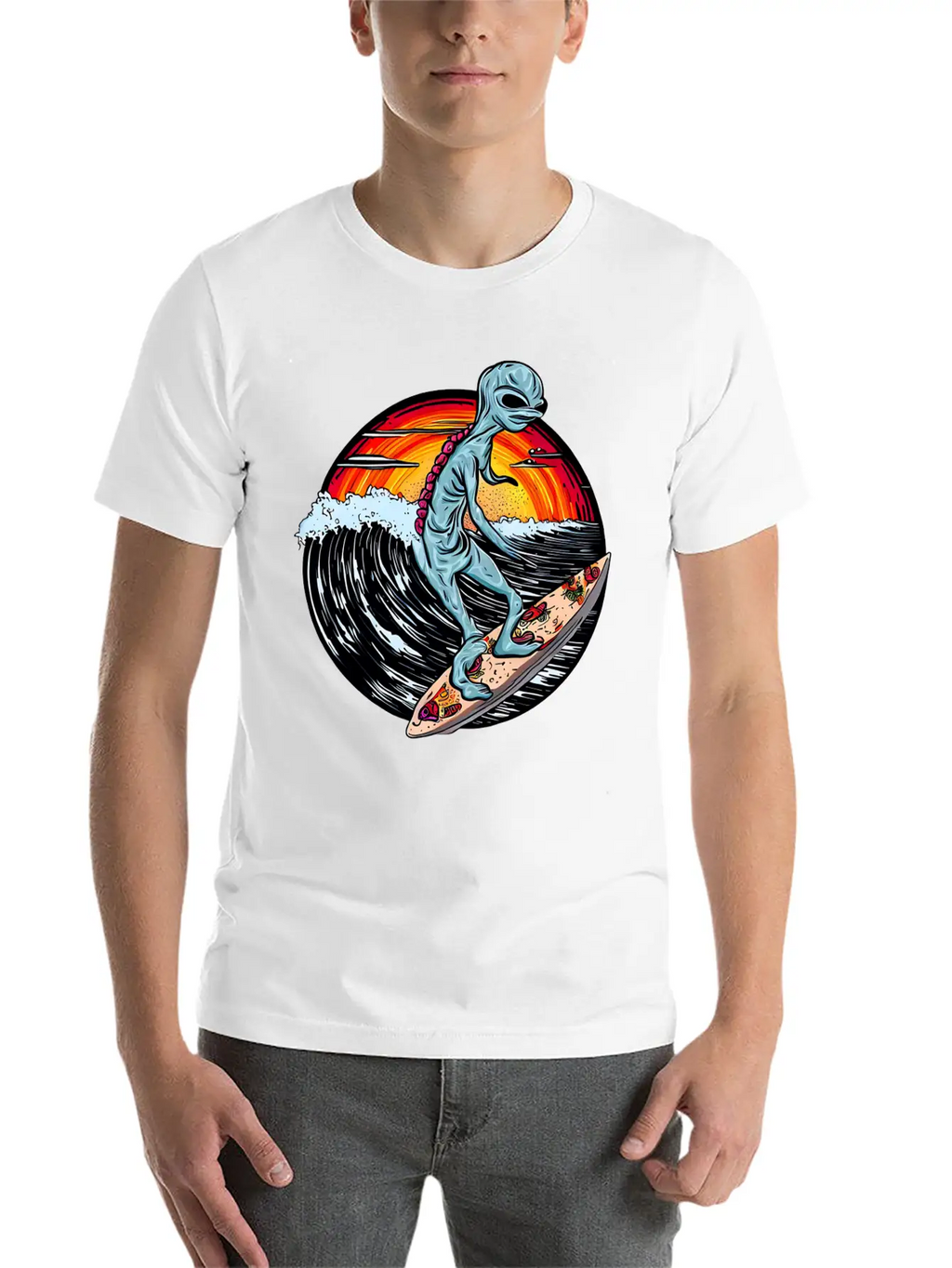 Alien Surfs For Pizza At Sunset Stylish Everyday T-Shirt – Unisex Basic Cotton Tee