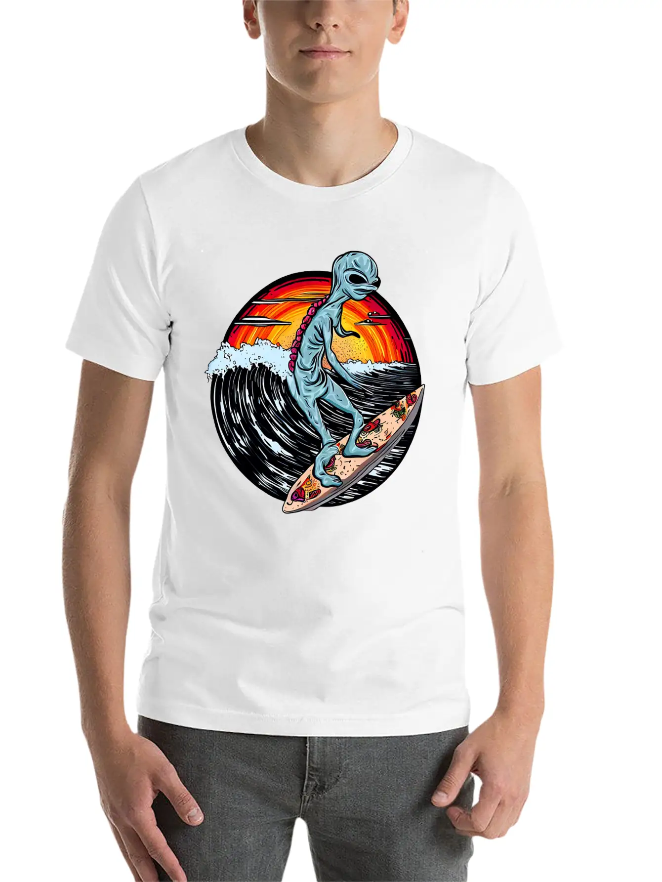 Alien Surfs For Pizza At Sunset Stylish Everyday T-Shirt – Unisex Basic Cotton Tee