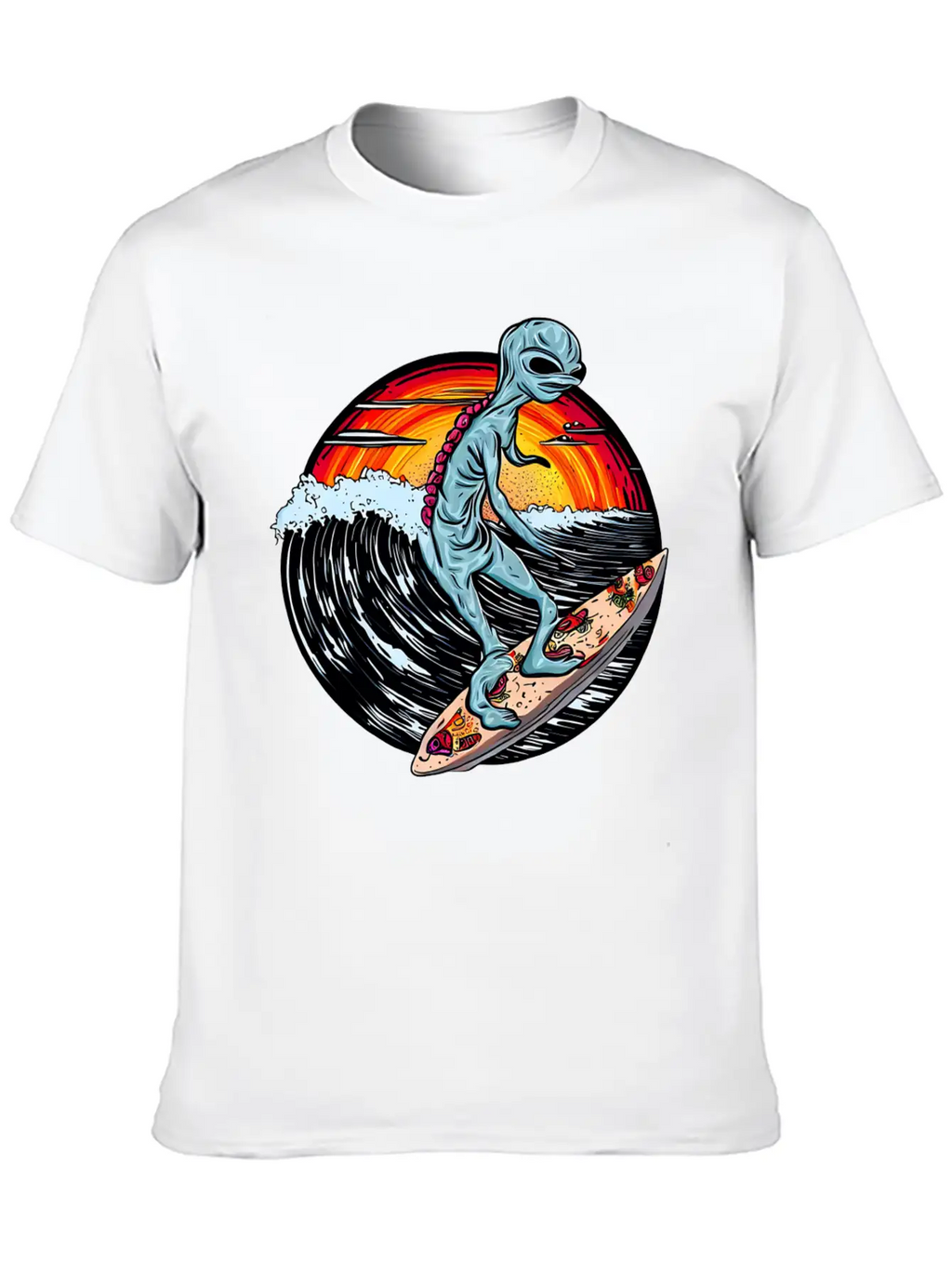 Alien Surfs For Pizza At Sunset Stylish Everyday T-Shirt – Unisex Basic Cotton Tee