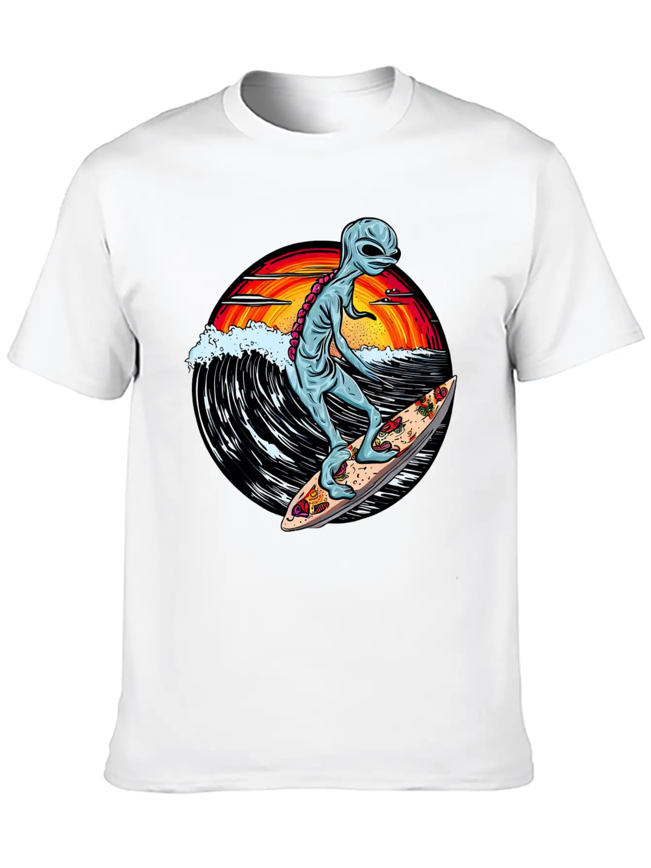 Alien Surfs For Pizza At Sunset Stylish Everyday T-Shirt – Unisex Basic Cotton Tee