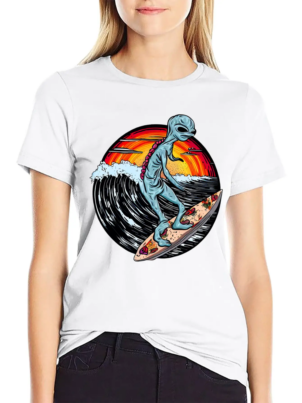 Alien Surfs For Pizza At Sunset Stylish Everyday T-Shirt – Unisex Basic Cotton Tee