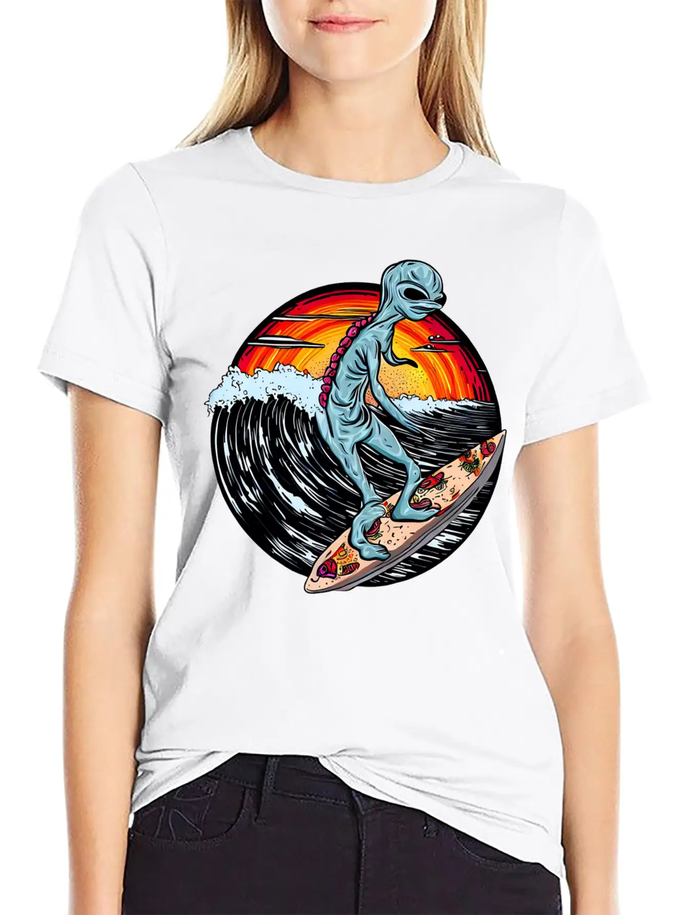 Alien Surfs For Pizza At Sunset Stylish Everyday T-Shirt – Unisex Basic Cotton Tee