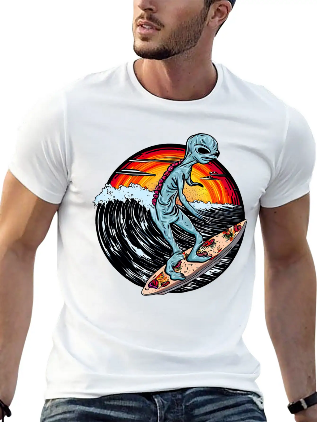 Alien Surfs For Pizza At Sunset Stylish Everyday T-Shirt – Unisex Basic Cotton Tee