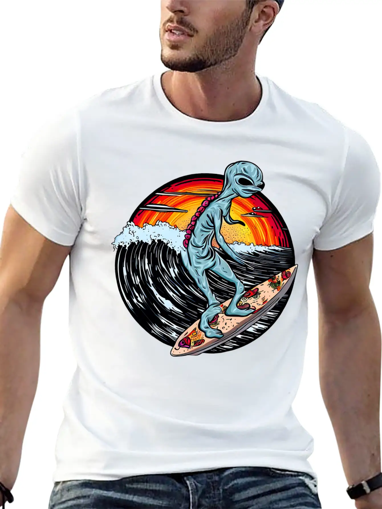 Alien Surfs For Pizza At Sunset Stylish Everyday T-Shirt – Unisex Basic Cotton Tee