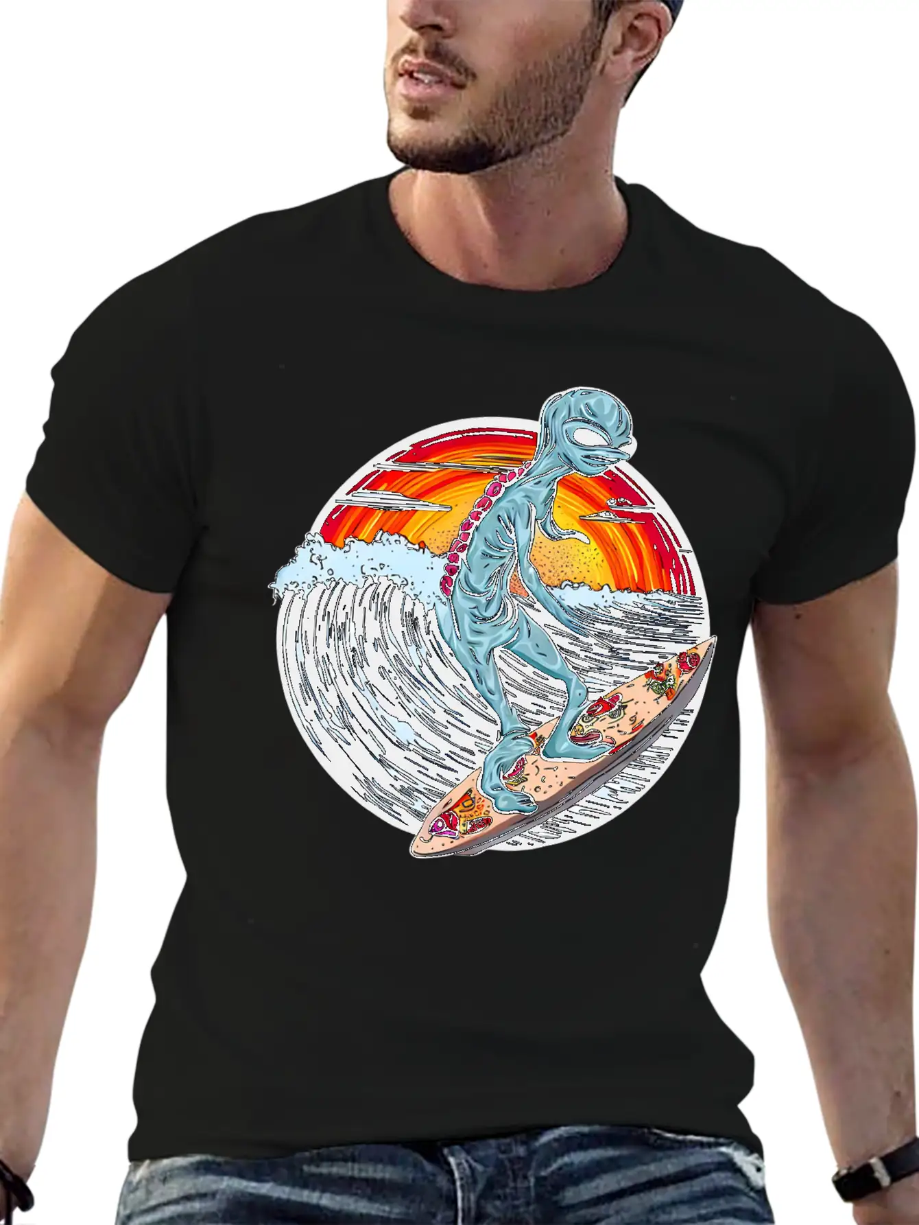 Alien Surfs For Pizza At Sunset Stylish Everyday T-Shirt – Unisex Basic Cotton Tee