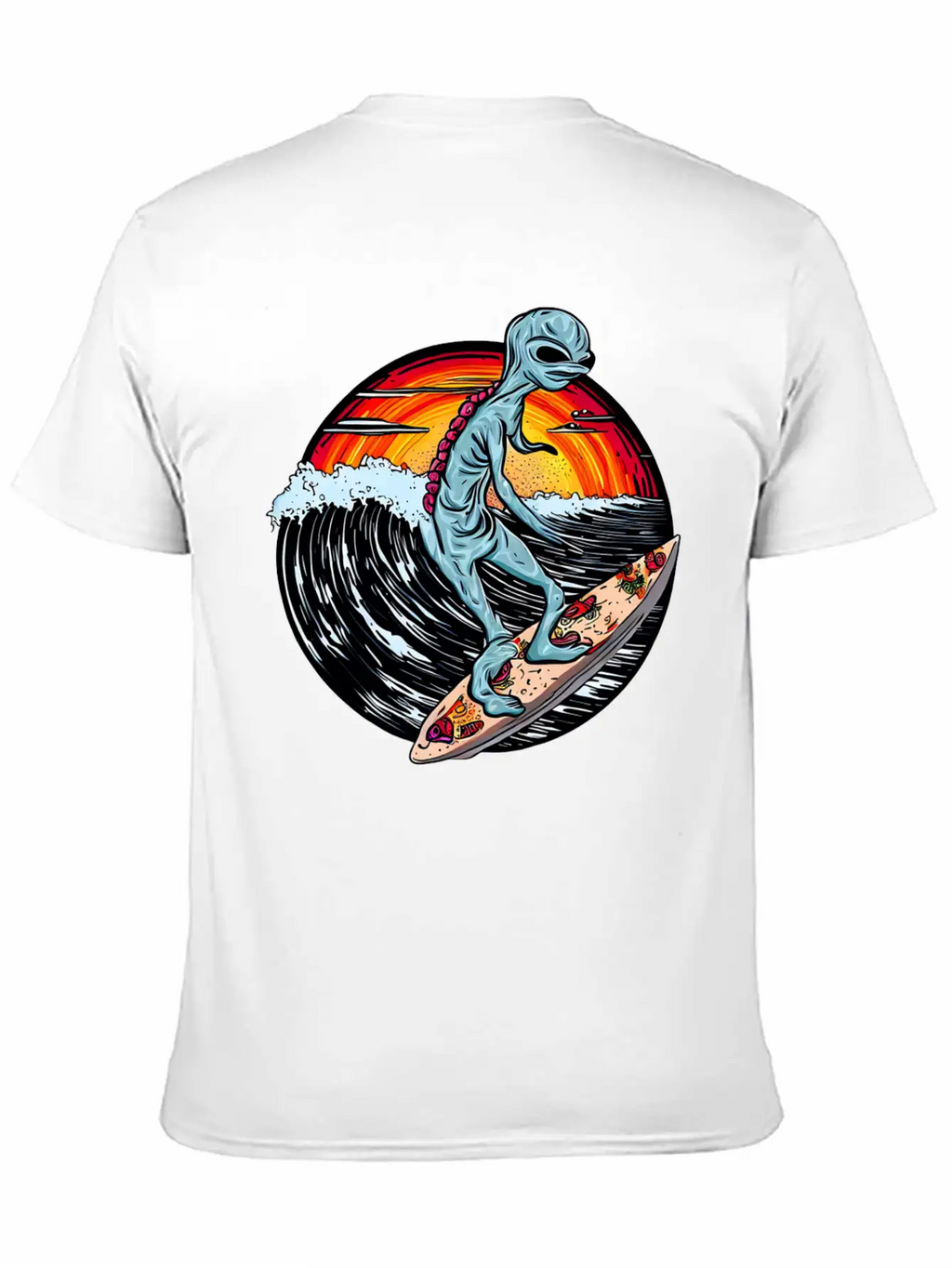 Alien Surfs For Pizza At Sunset Stylish Everyday T-Shirt – Unisex Basic Cotton Tee