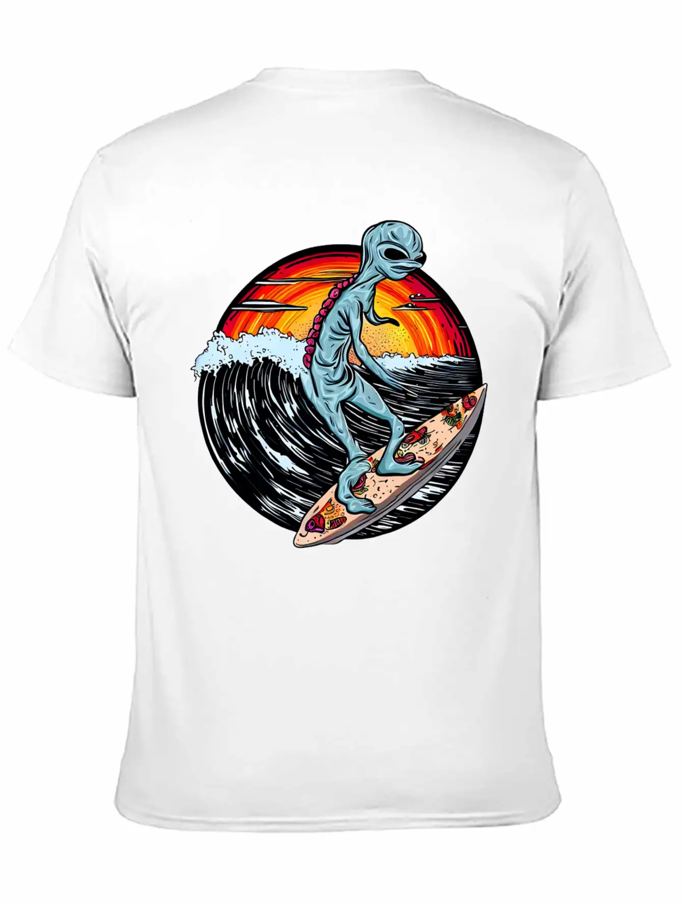 Alien Surfs For Pizza At Sunset Stylish Everyday T-Shirt – Unisex Basic Cotton Tee