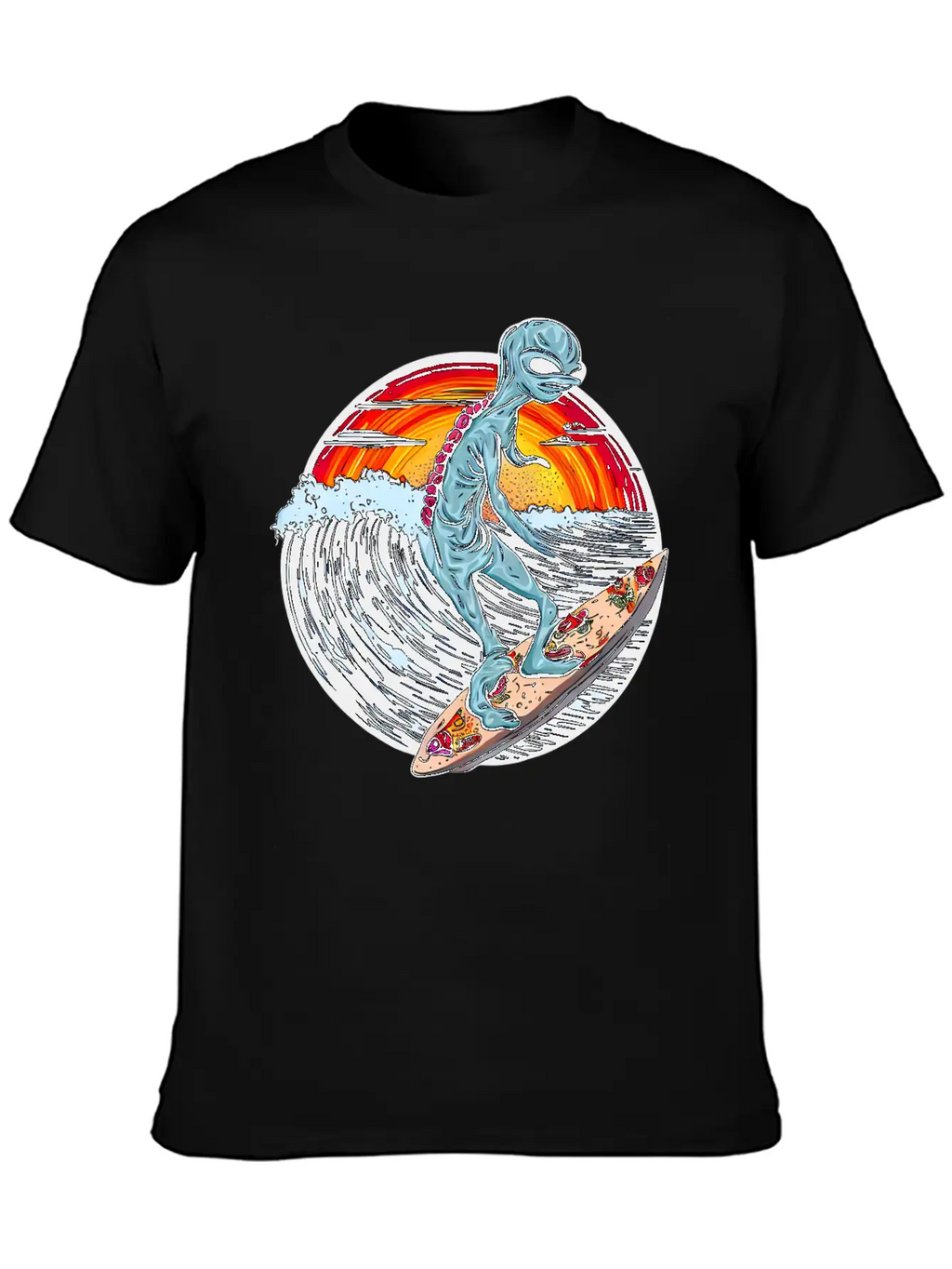 Alien Surfs For Pizza At Sunset Stylish Everyday T-Shirt – Unisex Basic Cotton Tee