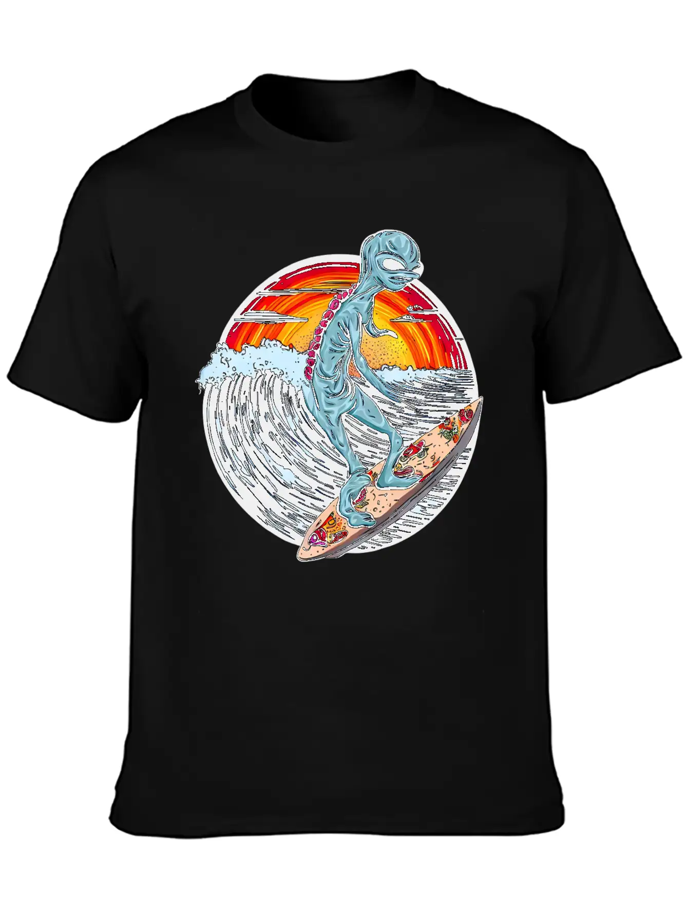 Alien Surfs For Pizza At Sunset Stylish Everyday T-Shirt – Unisex Basic Cotton Tee