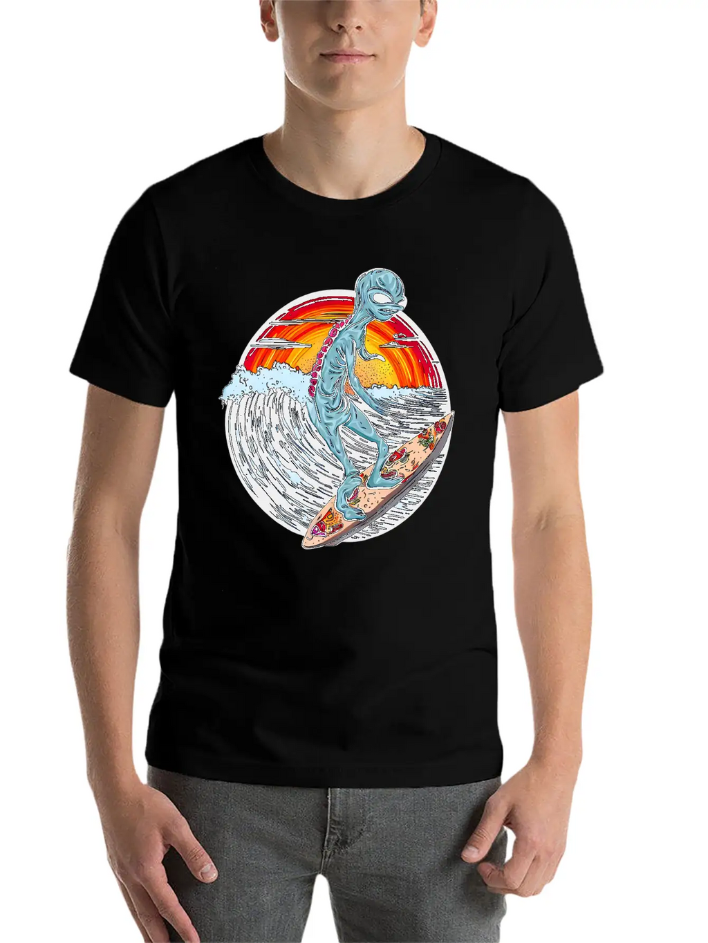 Alien Surfs For Pizza At Sunset Stylish Everyday T-Shirt – Unisex Basic Cotton Tee