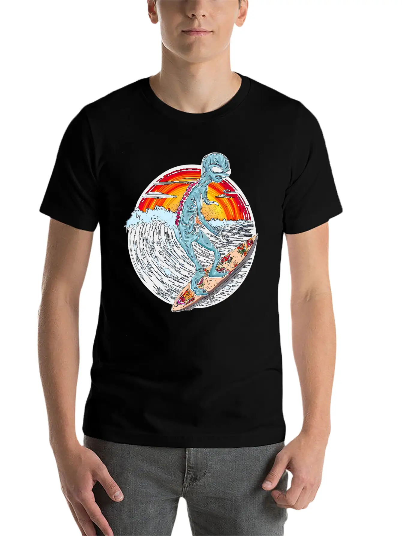 Alien Surfs For Pizza At Sunset Stylish Everyday T-Shirt – Unisex Basic Cotton Tee