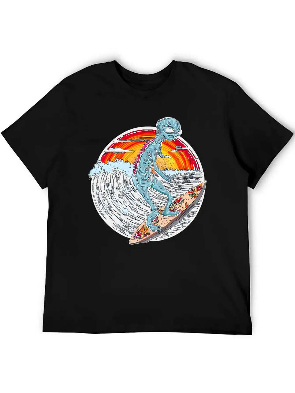 Alien Surfs For Pizza At Sunset Stylish Everyday T-Shirt – Unisex Basic Cotton Tee