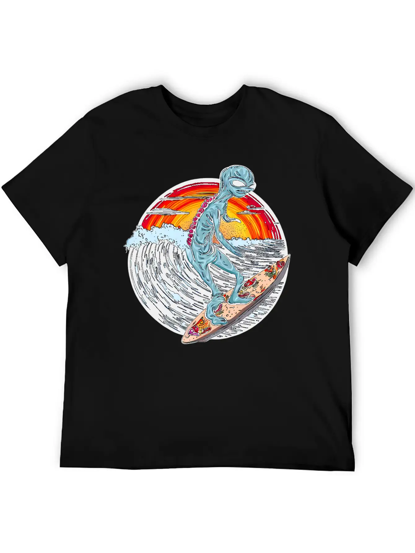 Alien Surfs For Pizza At Sunset Stylish Everyday T-Shirt – Unisex Basic Cotton Tee