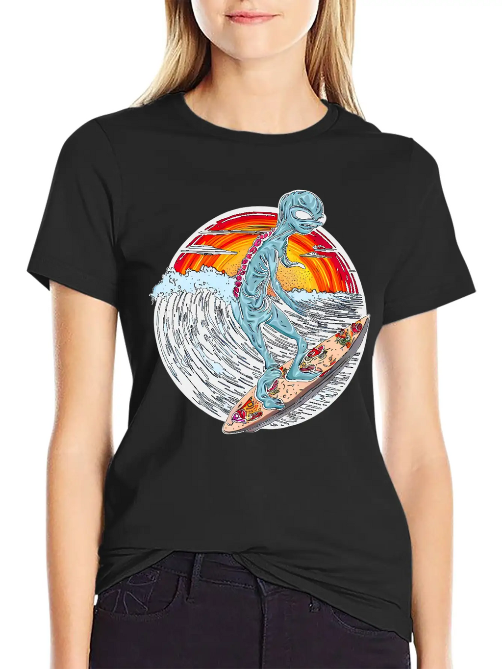 Alien Surfs For Pizza At Sunset Stylish Everyday T-Shirt – Unisex Basic Cotton Tee