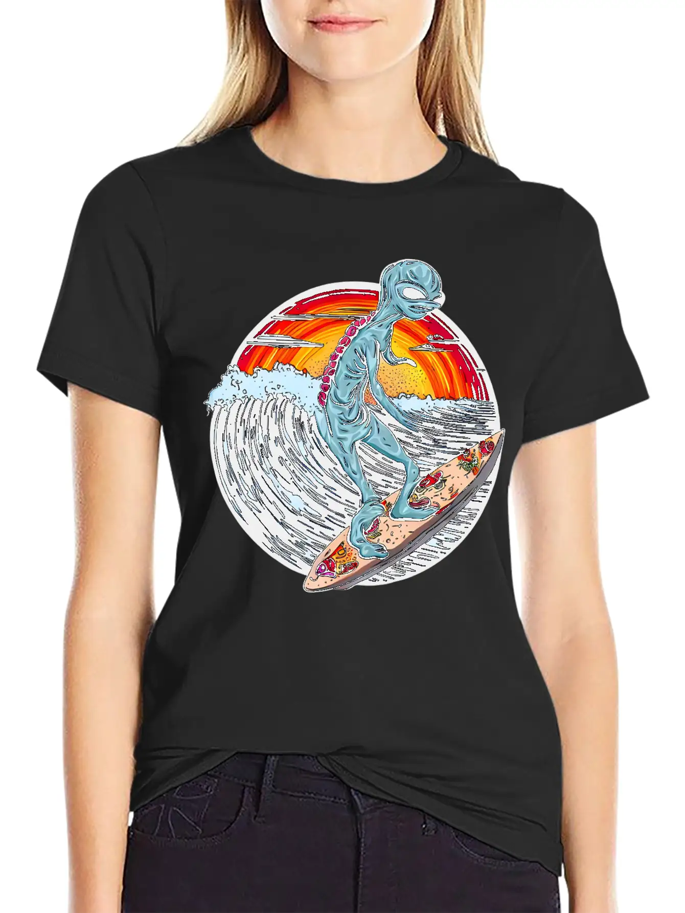 Alien Surfs For Pizza At Sunset Stylish Everyday T-Shirt – Unisex Basic Cotton Tee
