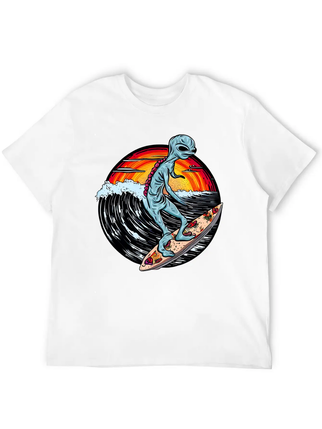 Alien Surfs For Pizza At Sunset Stylish Everyday T-Shirt – Unisex Basic Cotton Tee