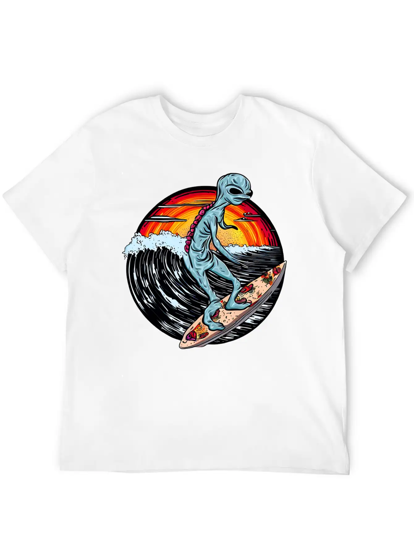 Alien Surfs For Pizza At Sunset Stylish Everyday T-Shirt – Unisex Basic Cotton Tee