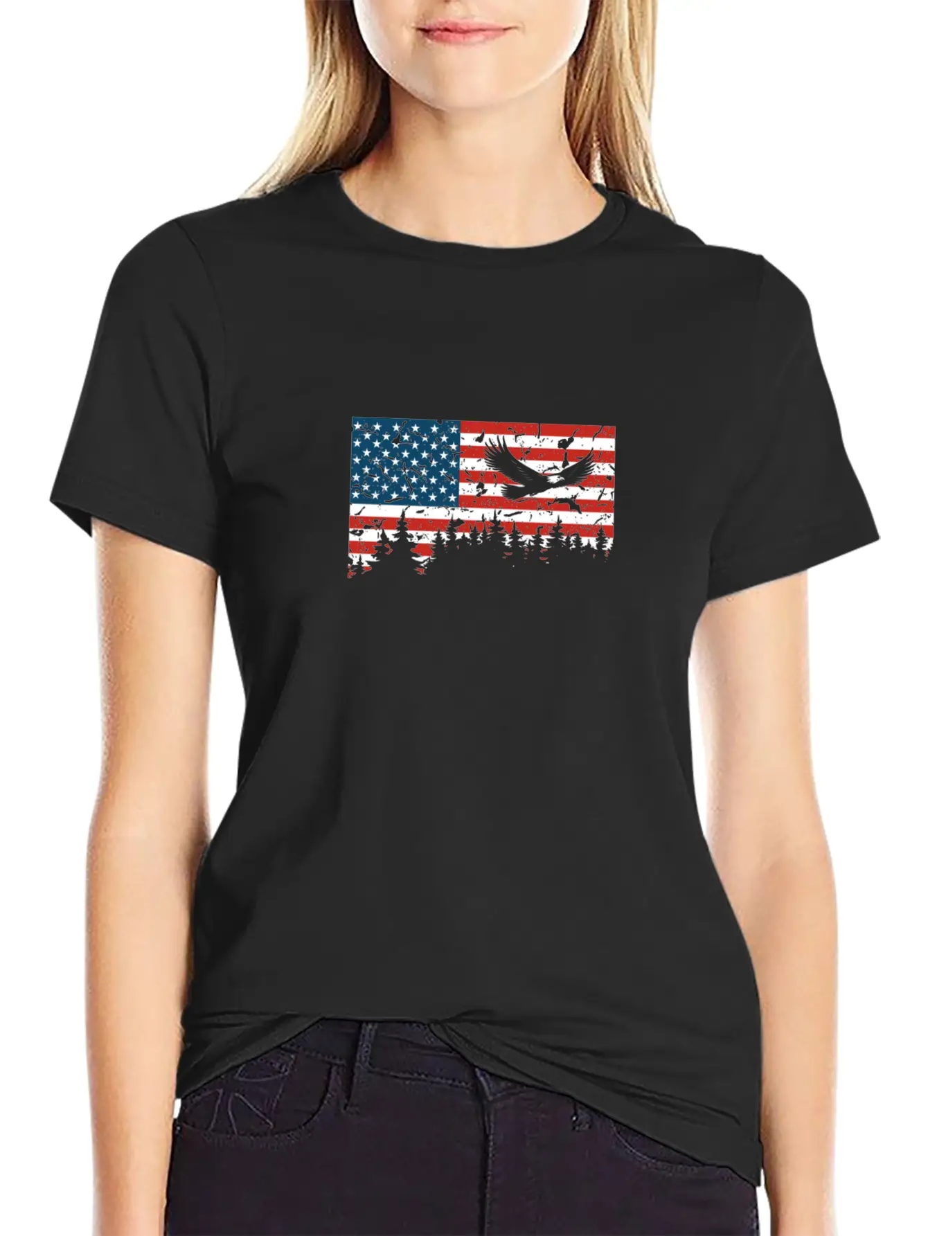 American Flag USA Patriotic Eagle Flying Trees Gra Unisex Casual T-Shirt – Clean Design For Daily Comfort