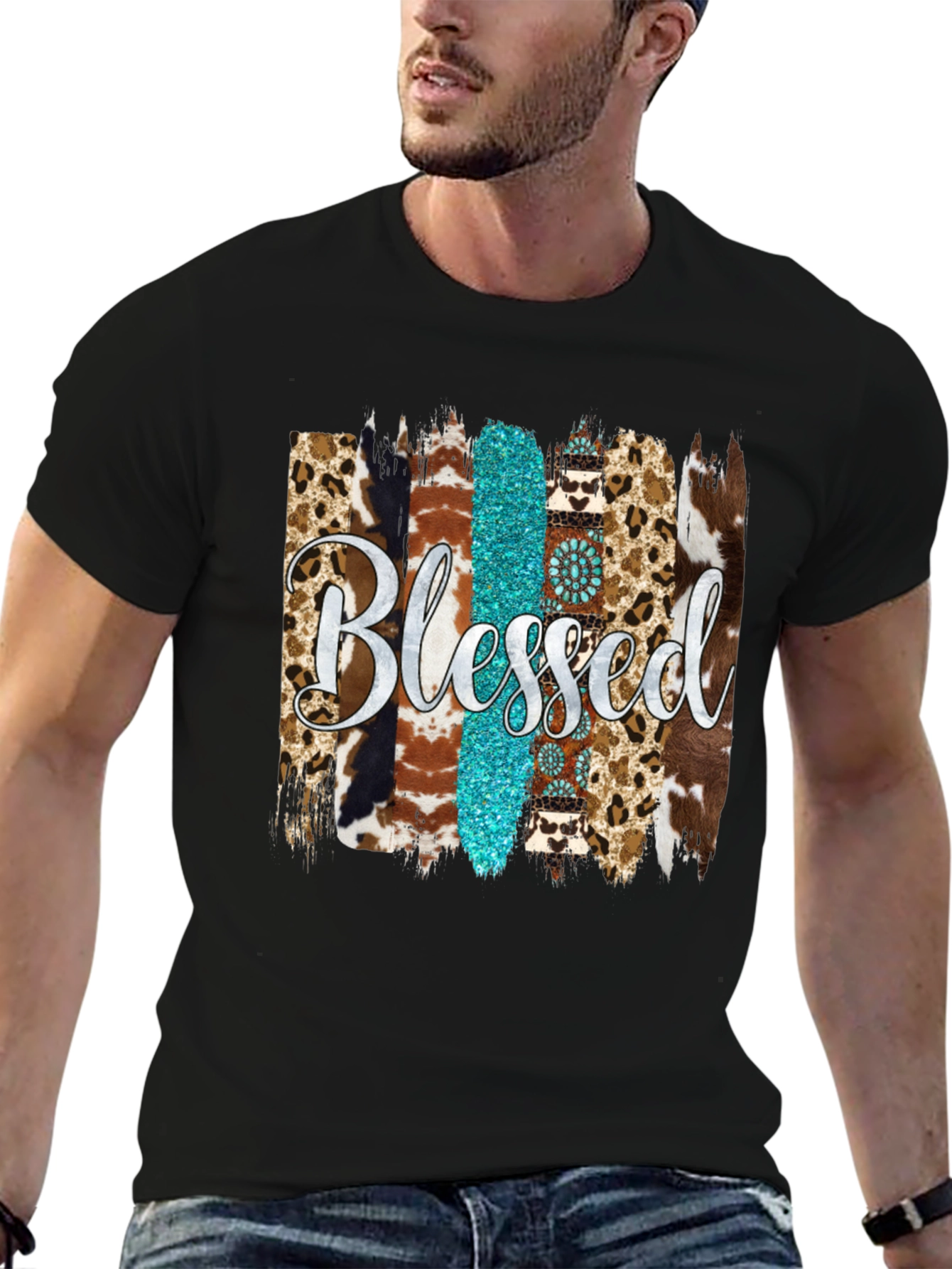 Blessed Western Graphic Tee - Turquoise & Animal Print