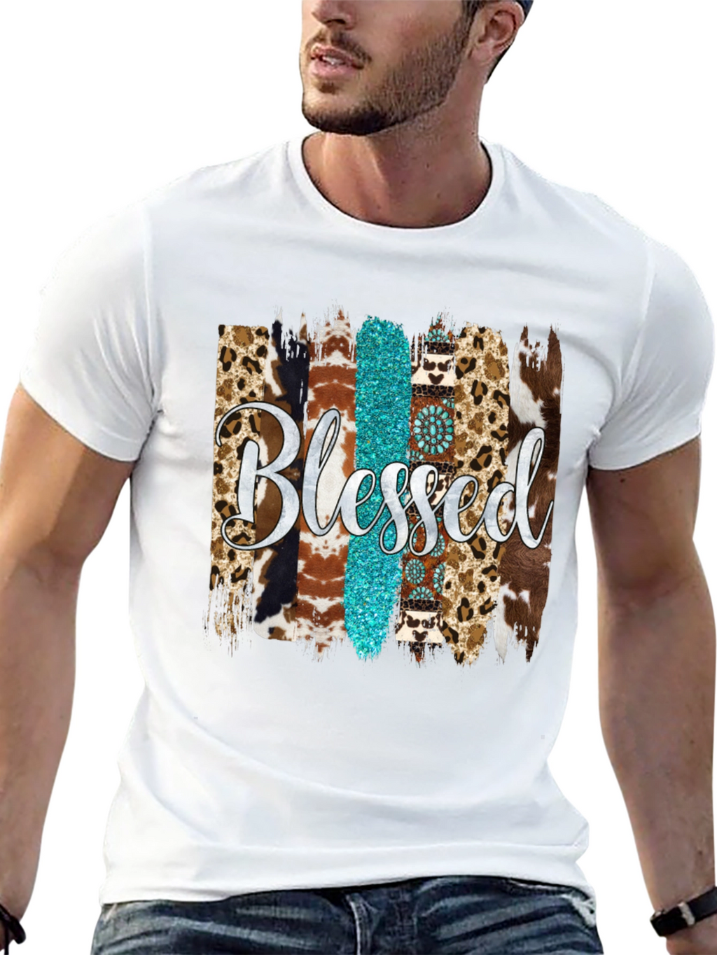 Blessed Western Graphic Tee - Turquoise & Animal Print