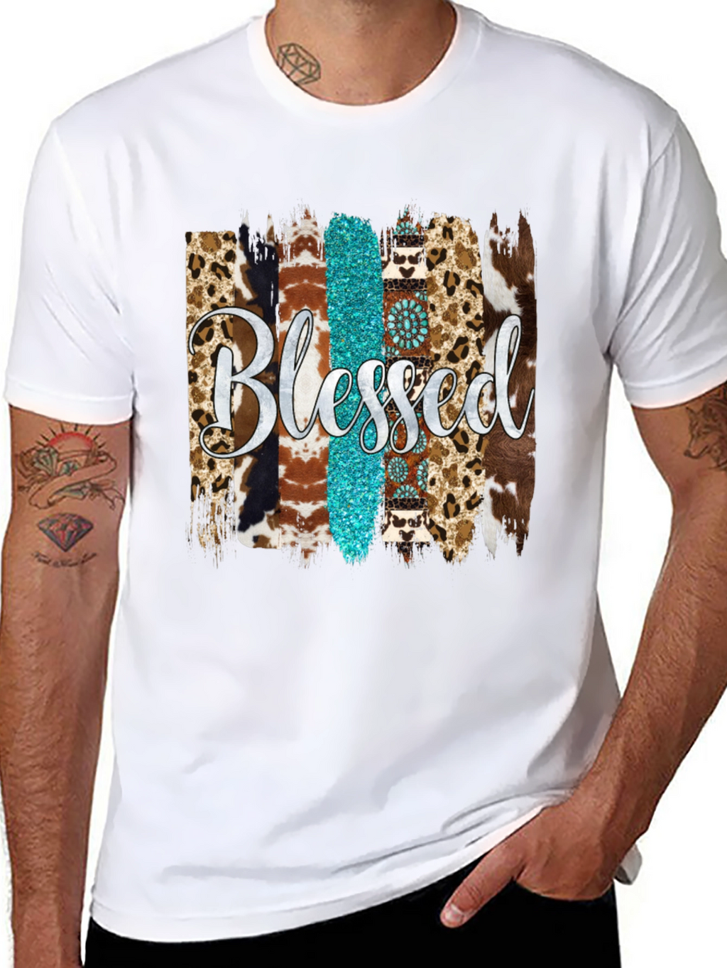 Blessed Western Graphic Tee - Turquoise & Animal Print