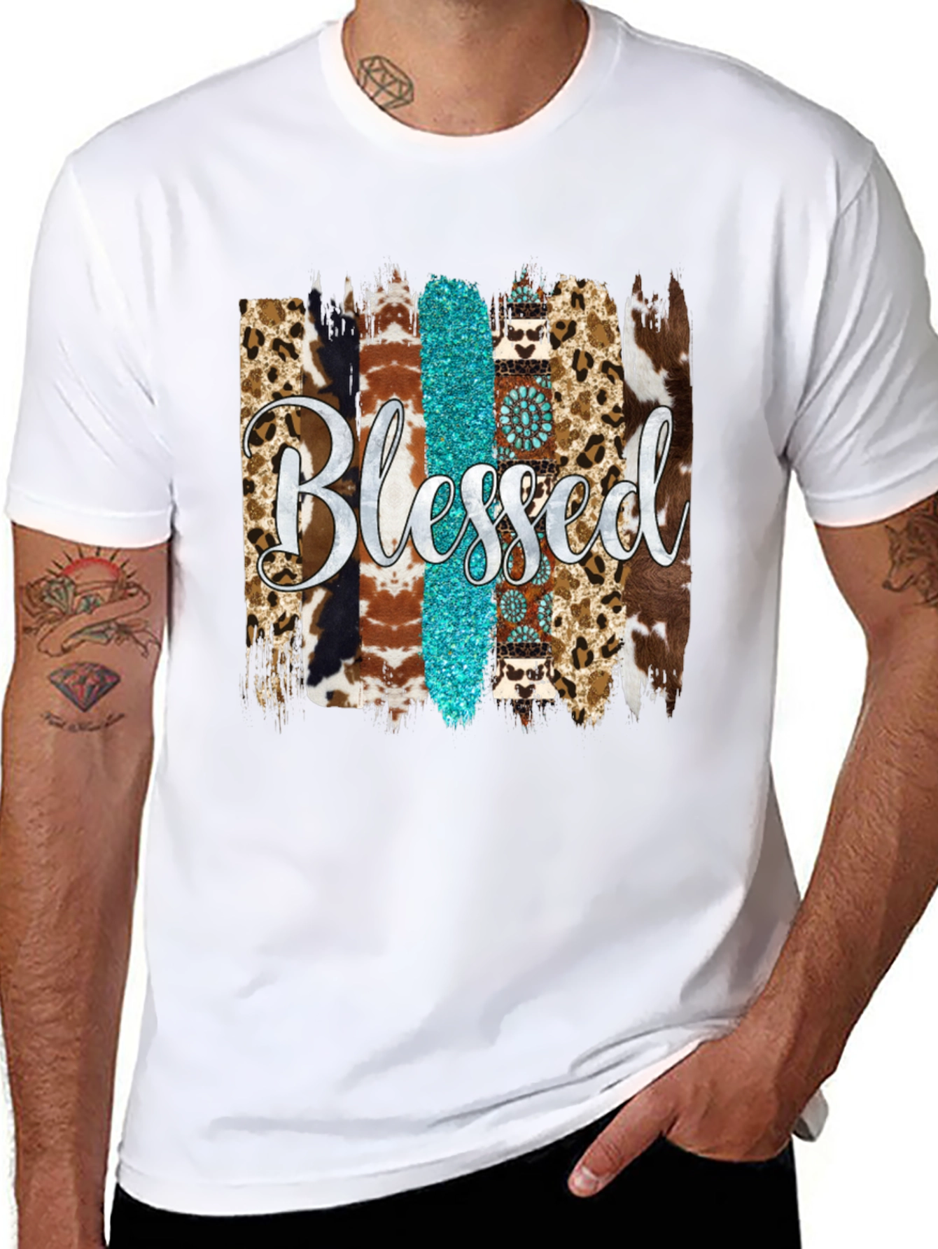 Blessed Western Graphic Tee - Turquoise & Animal Print