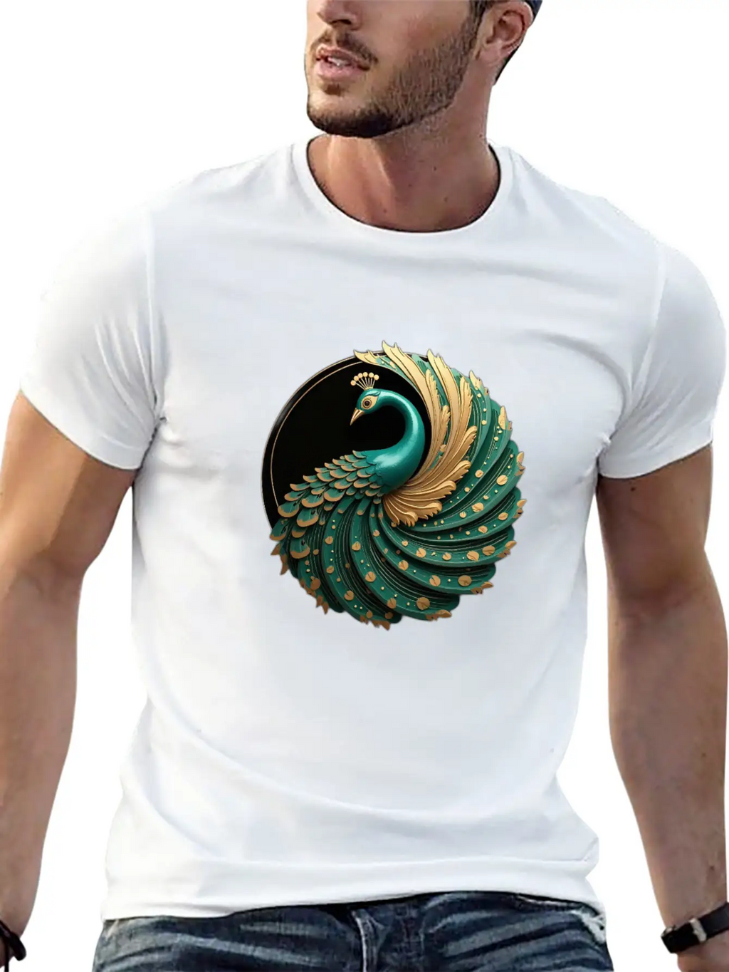 Art Deco Peacock Elegance In Rich Colors Basic Graphic T-Shirt – Daily Comfort In Soft Cotton