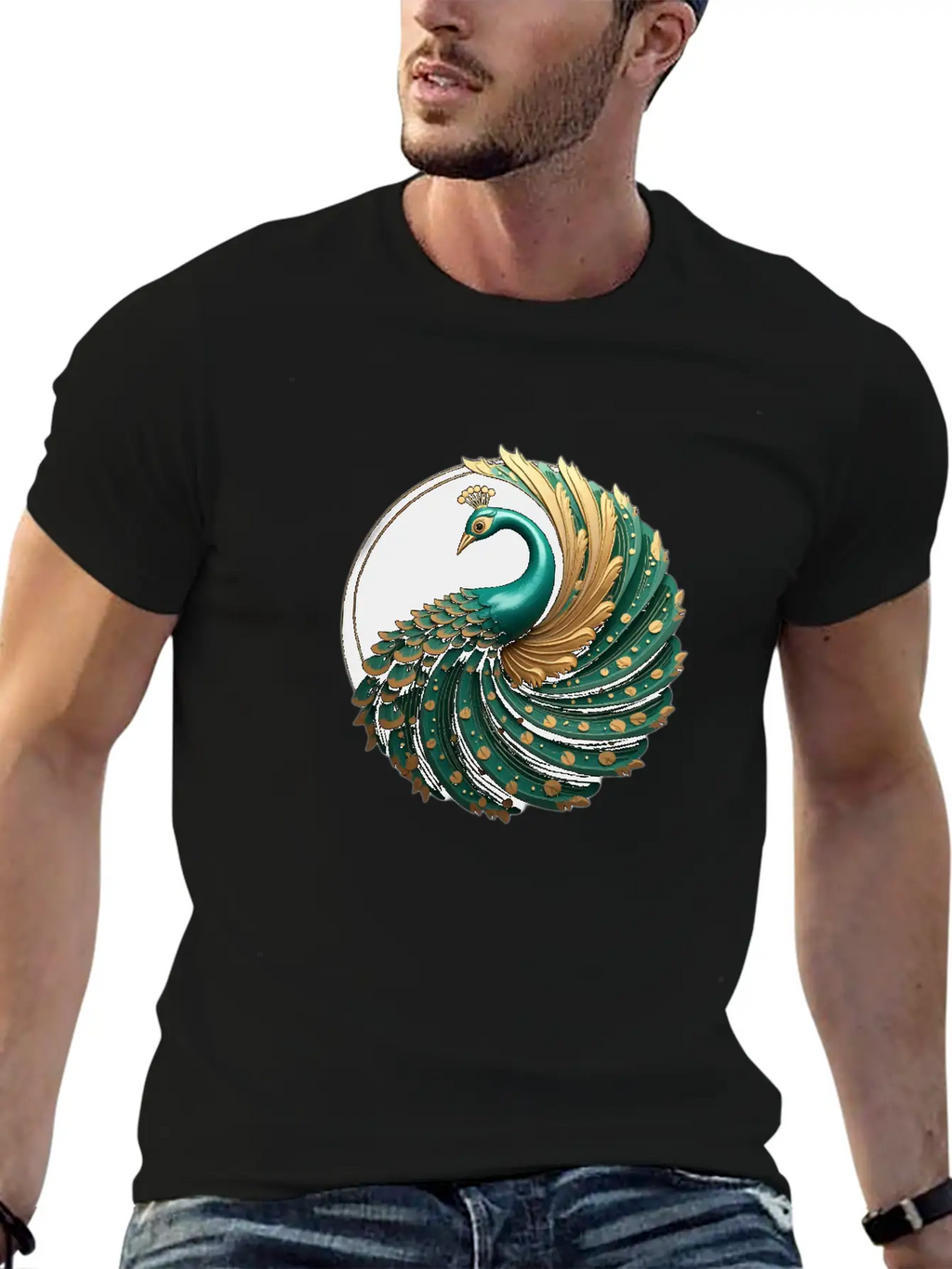 Art Deco Peacock Elegance In Rich Colors Basic Graphic T-Shirt – Daily Comfort In Soft Cotton