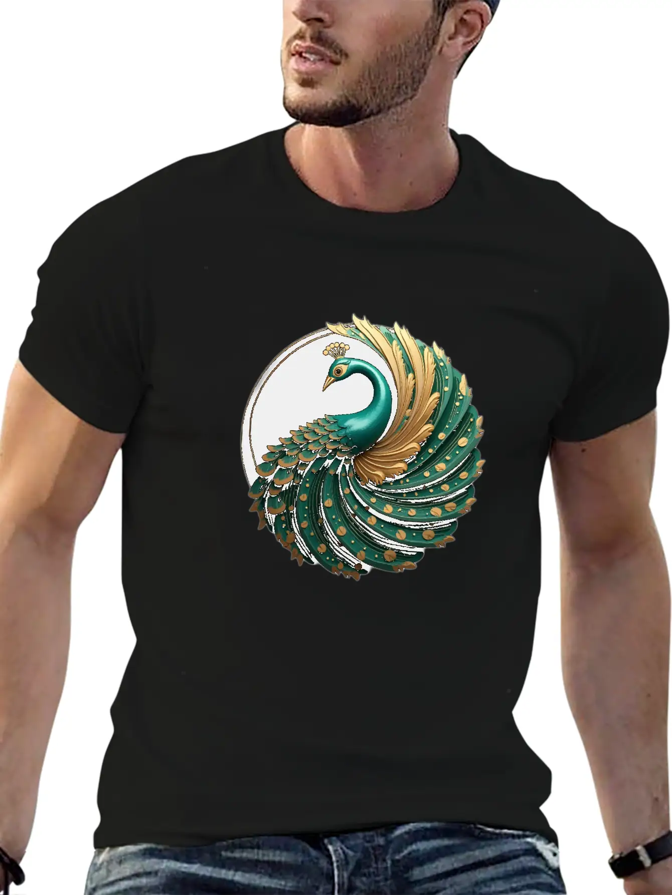 Art Deco Peacock Elegance In Rich Colors Basic Graphic T-Shirt – Daily Comfort In Soft Cotton