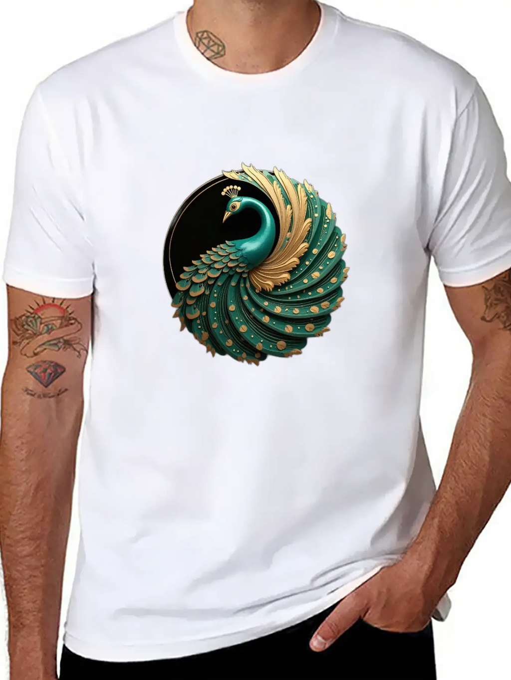 Art Deco Peacock Elegance In Rich Colors Basic Graphic T-Shirt – Daily Comfort In Soft Cotton