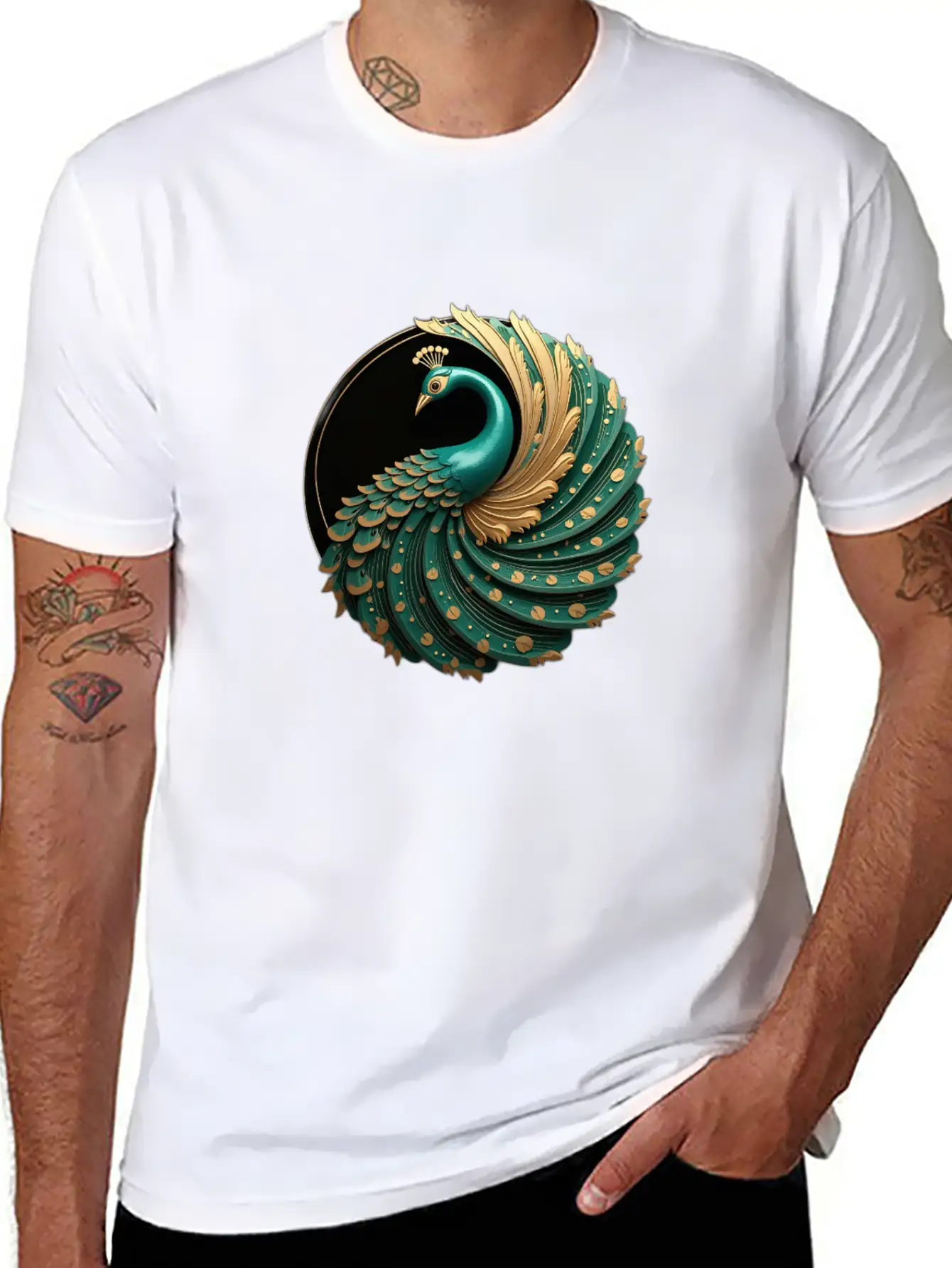 Art Deco Peacock Elegance In Rich Colors Basic Graphic T-Shirt – Daily Comfort In Soft Cotton