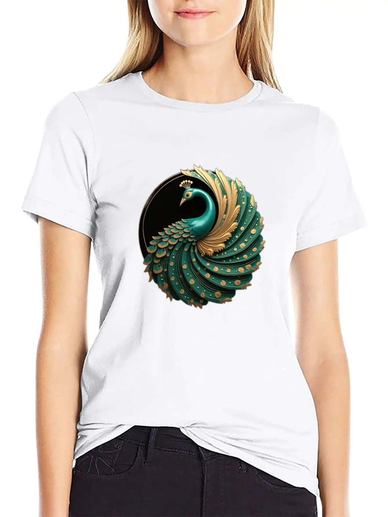 Art Deco Peacock Elegance In Rich Colors Basic Graphic T-Shirt – Daily Comfort In Soft Cotton