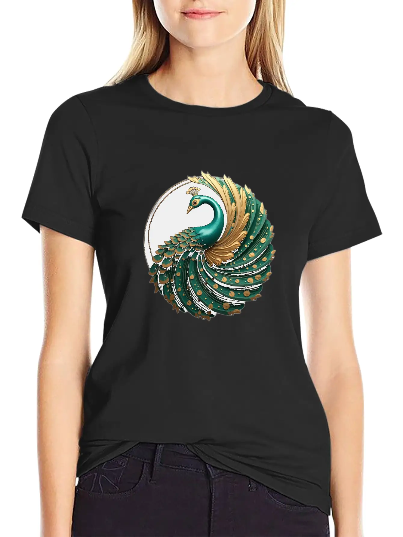 Art Deco Peacock Elegance In Rich Colors Basic Graphic T-Shirt – Daily Comfort In Soft Cotton