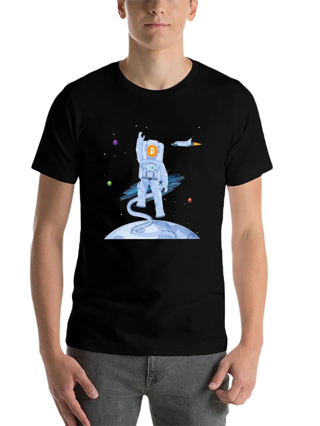 Astronaut BTC To The Moon Crypto Trader Bitcoin Timeless Short Sleeve Tee – Comfy And Minimalist Design