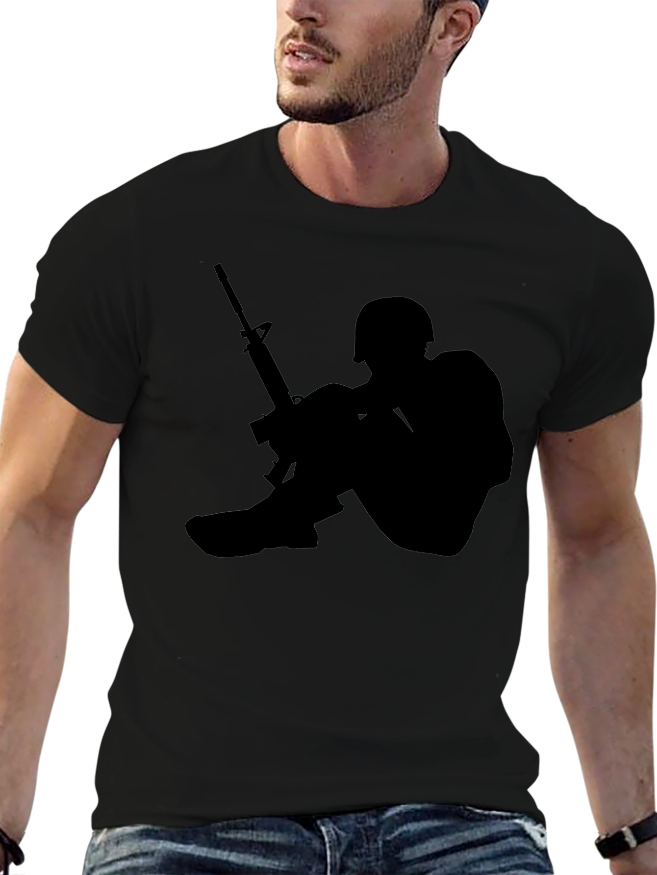 Soldier Silhouette Graphic Tee - Black Cotton Comfort
