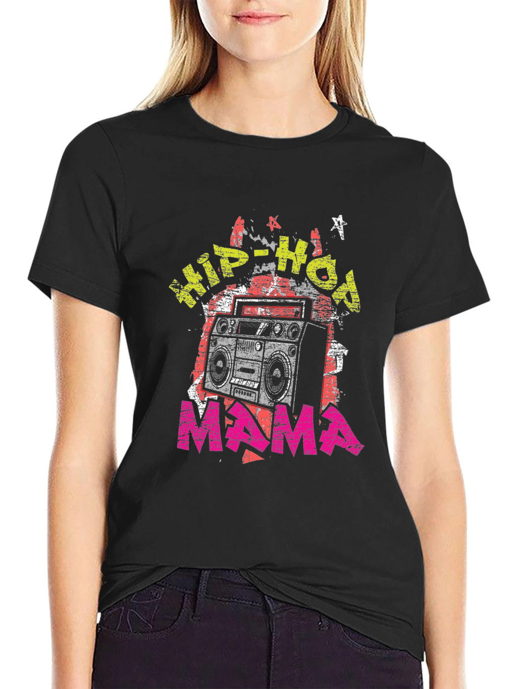 Hip-Hop Mama Graphic T-Shirt - Retro Boombox Design
