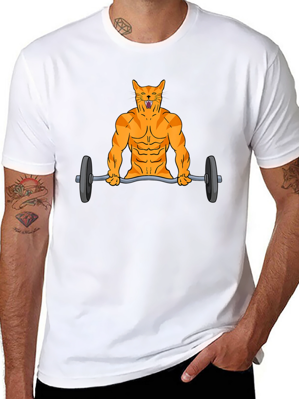 Muscle Cat Lifting Barbell Funny Graphic T-Shirt