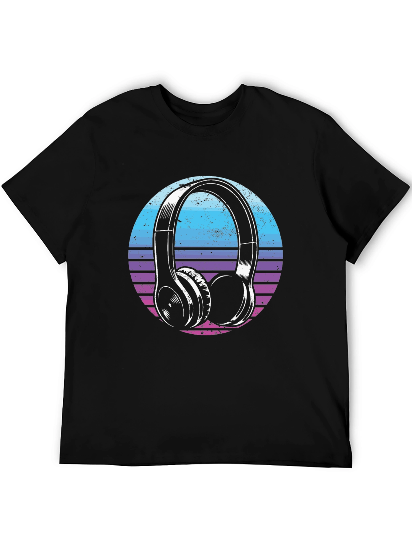 Retro Headphone Graphic Tee - Black Cotton Blend T-Shirt