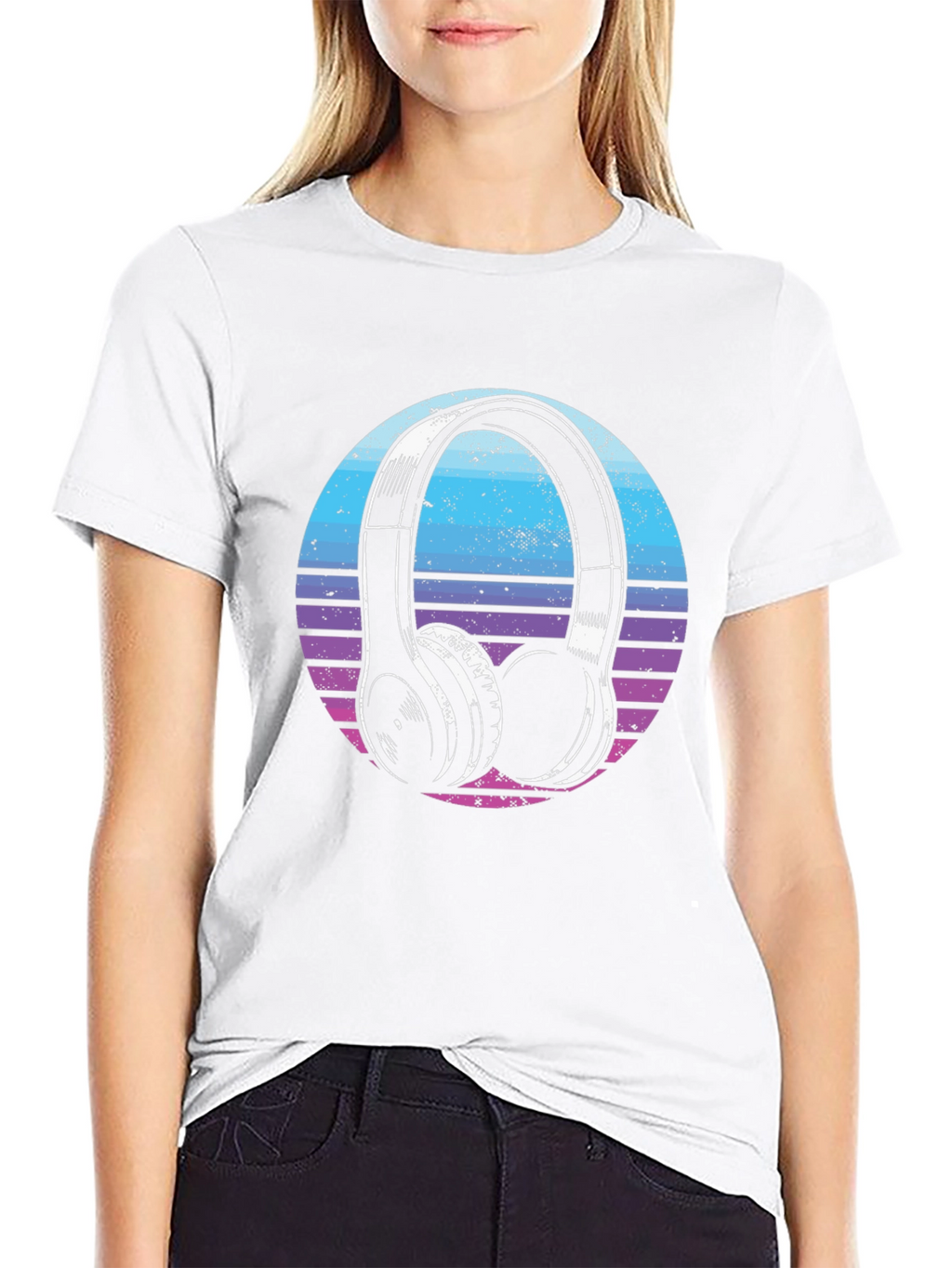 Retro Headphone Graphic Tee - Black Cotton Blend T-Shirt