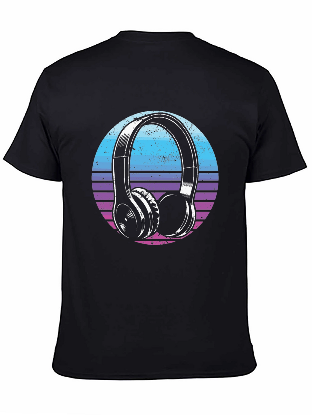Retro Headphone Graphic Tee - Black Cotton Blend T-Shirt