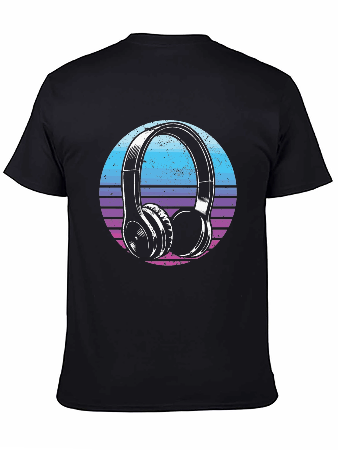 Retro Headphone Graphic Tee - Black Cotton Blend T-Shirt