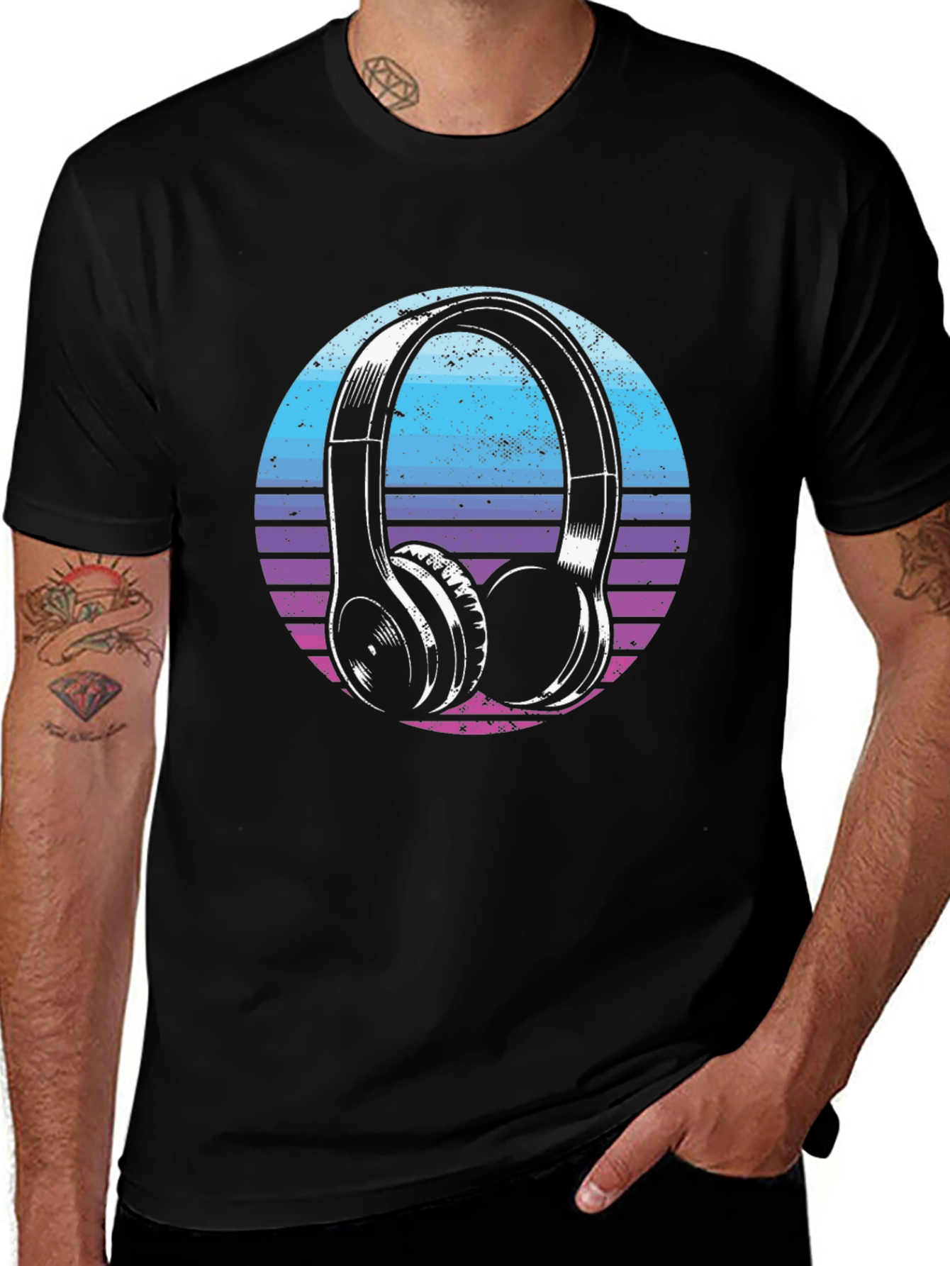 Retro Headphone Graphic Tee - Black Cotton Blend T-Shirt